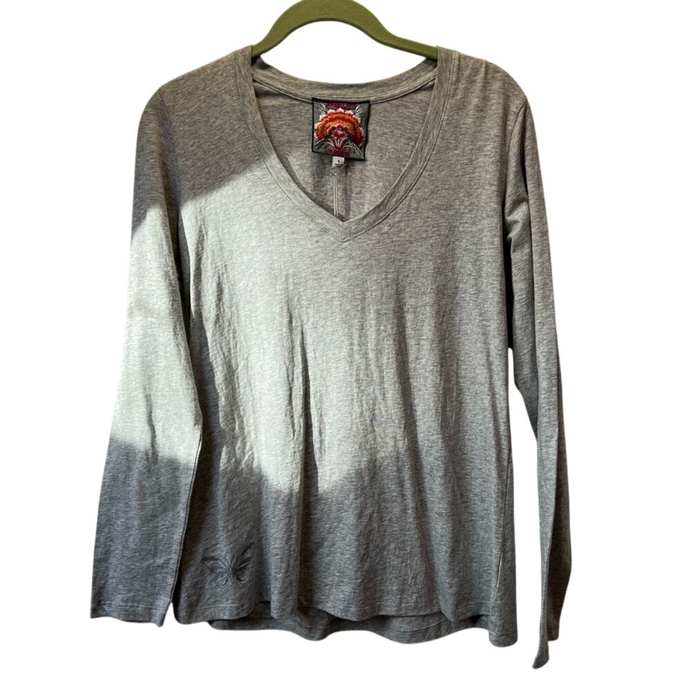NWT Johnny Was Long Sleeve Grey Tee Embroidered Buttferfly Sz Small